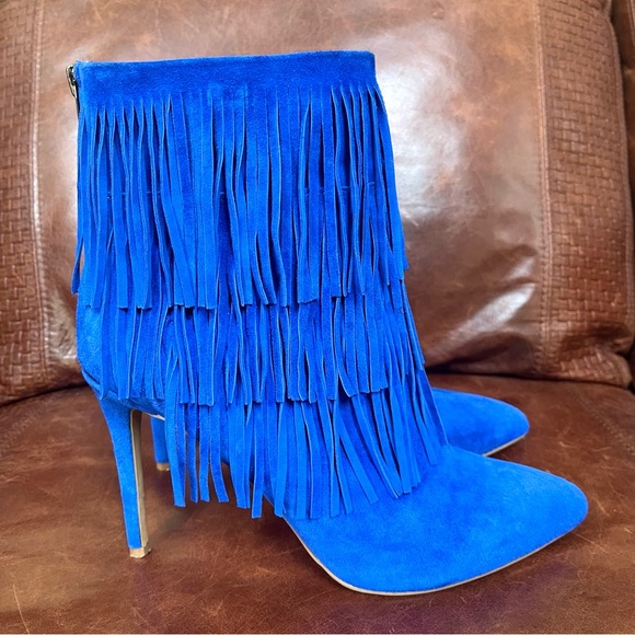 Steve Madden Cobalt Blue Suede Fringe Stiletto Booties Size 10 - Picture 4 of 11